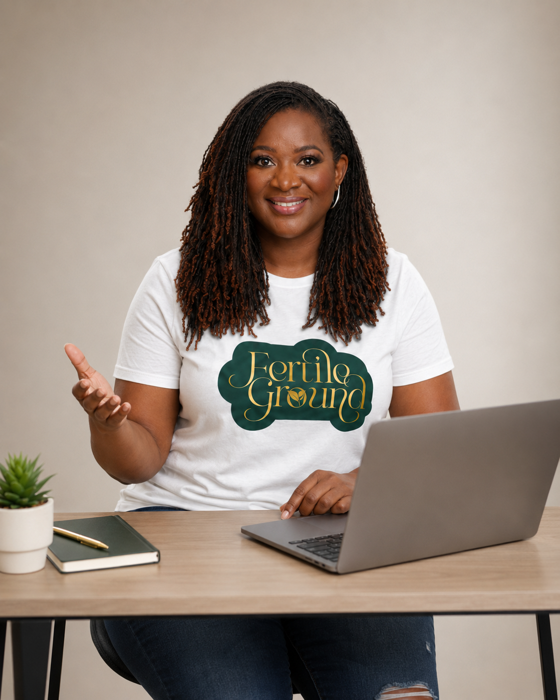 Quisha seated at a desk with her laptop, smiling and gesturing as she welcomes you