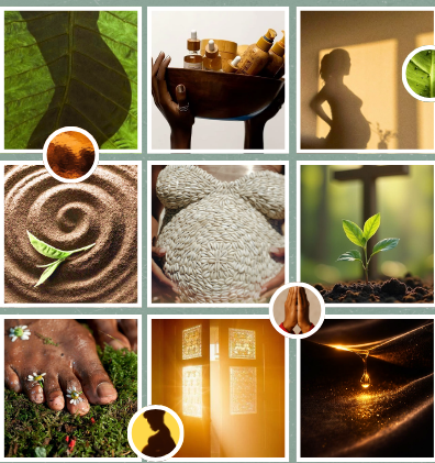 A mood board collage of natural and sacred imagery including green leaves, hands holding oils, a pregnant silhouette, a zen garden, a seedling, praying hands, bare feet on moss, sunlight through windows, and a single drop of water